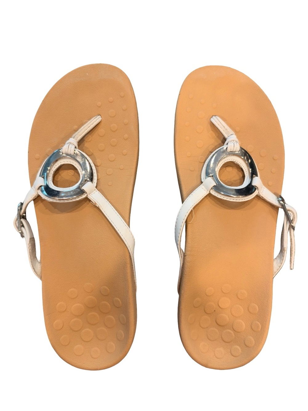 Vionic White Thong Sandals with Silver Ring Accent